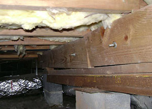 A sagging crawl space with concrete supports and wooden shimming a Mission crawl space